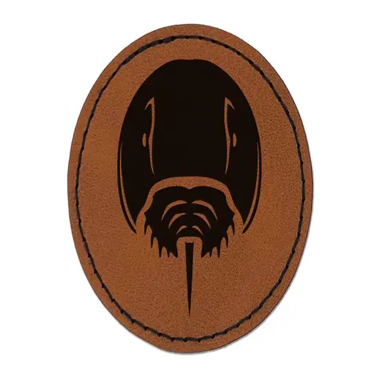 Horseshoe Crab Round Iron-On Engraved Faux Leather Patch Applique - 2.5" Brown {1}