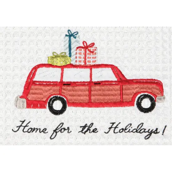 27" x 18""Home For Holidays" Sentiment with Red Station Wagon Car Cotton Embroidered & Waffle Weave Kitchen DIsh Towel {3}