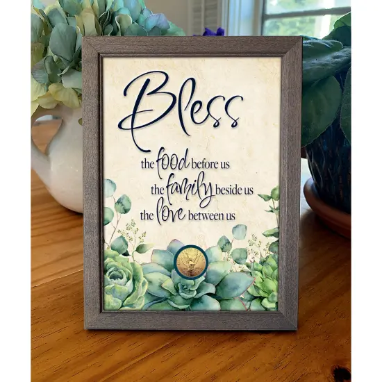 Bless Food, Family, Love With Angel Coin in 5x7 Frame {2}