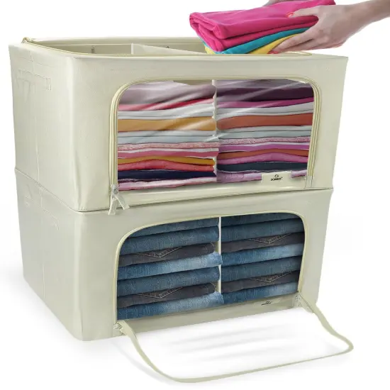 Sorbus Foldable Storage Bin Set with Divided Interior, Large Clear Window & Carry Handles - (Two Sections) Beige {5}