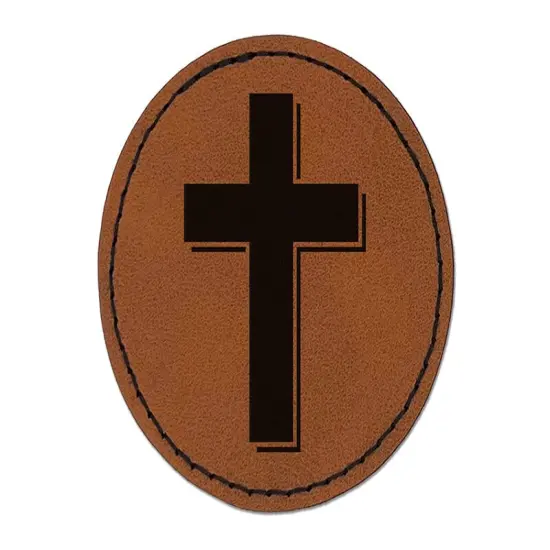 Cross with Shadow Christian Religion Round Iron-On Engraved Faux Leather Patch Applique - 2.5" Brown {1}