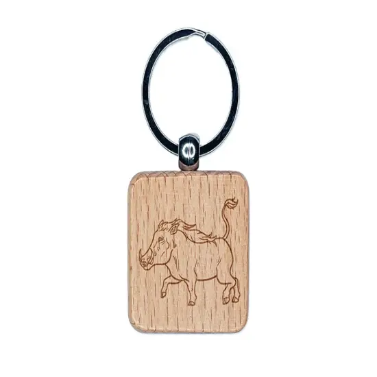 Common Warthog Pig Engraved Wood Square Keychain Tag Charm {1}