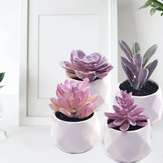 Mini Purple Fake Plants for Women Desk Faux Succulents in Pots Small Realistic Artificial Succulents for Home Office Decor {1}