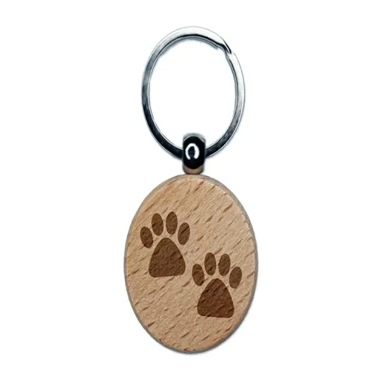 Paw Prints Pair Dog Cat Engraved Wood Round Keychain Tag Charm {1}