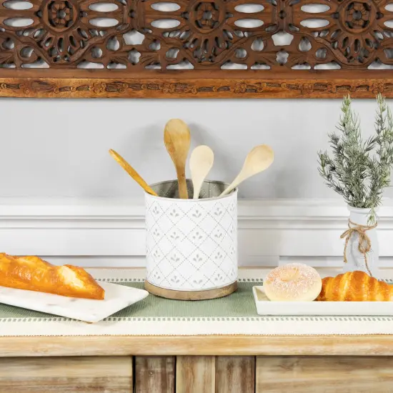 Northlight 6.5" White Round Embossed Utensil Storage Container with Wooden Base {3}
