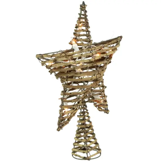 Northlight 11" Lighted Rattan Twigs Star Christmas Tree Topper- Clear Lights, White Wire Brown {5}