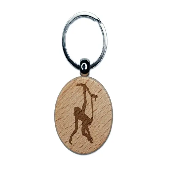 Monkey Hanging from Tree Solid Engraved Wood Round Keychain Tag Charm {1}