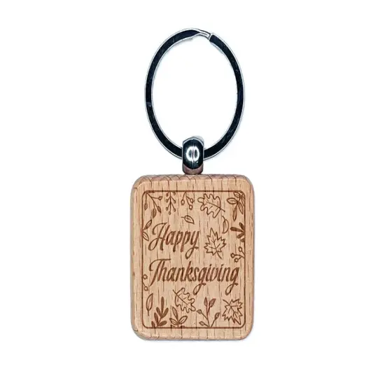 Happy Thanksgiving Fall Leaves Engraved Wood Square Keychain Tag Charm {1}