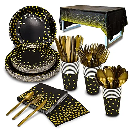 176 Pieces Gold Disposable Party Dinnerware Set &Golden Dot Disposable Party Dinnerware - Black Paper Plates Napkins Cups, Gold Plastic Forks Knives Spoons {2}