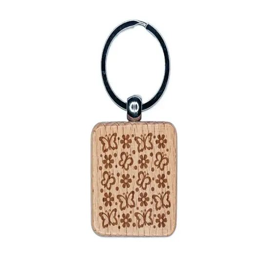 Butterflies and Flowers Engraved Wood Square Keychain Tag Charm {1}
