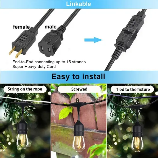 48FT Dimmable Warm White LED String Lights - Waterproof Patio 15M Length {3}