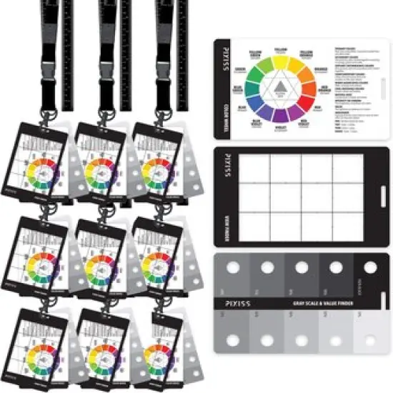 Pixiss Photography Cards and Measuring Lanyard (9 Pack) - Gray Scale Value Finder, Color Wheel, and Scene Composition Flash Cards with Measuring Tape Lanyard {1}