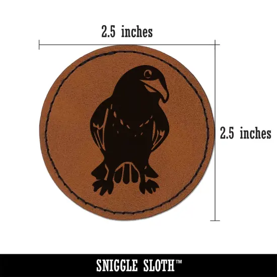 Curious Crow Raven Tilting Head Round Iron-On Engraved Faux Leather Patch Applique - 2.5" Brown {3}