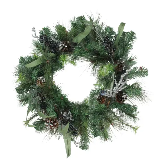 Northlight 24" Mixed Pine with Blueberries Pine Cones and Ice Twigs Artificial Christmas Wreath - Unlit Green {1}