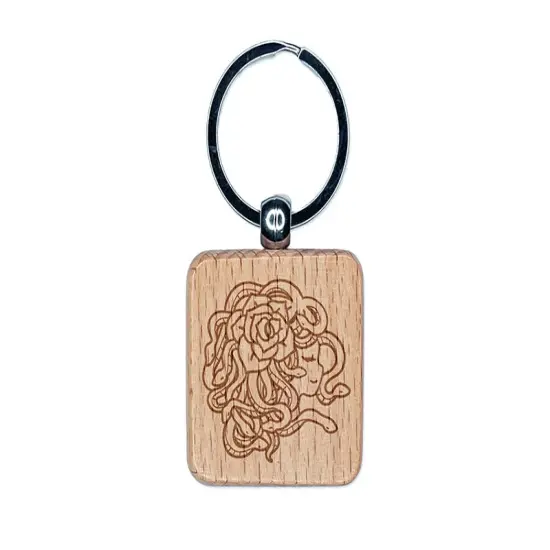 Resting Medusa with Rose Engraved Wood Square Keychain Tag Charm {1}