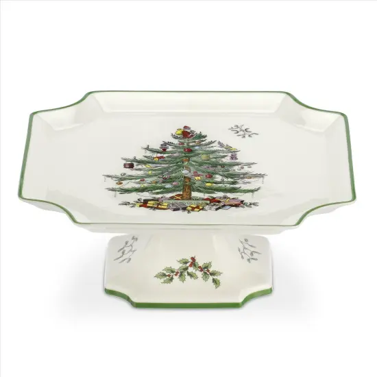 Christmas Tree Fine Porcelain 10 Inch Footed Square Cake Plate. {1}