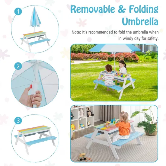 Costway 3-in-1 Kids Picnic Table Wooden Outdoor Sand & Water Table with Umbrella Play Boxes Natural/Blue/Green {6}