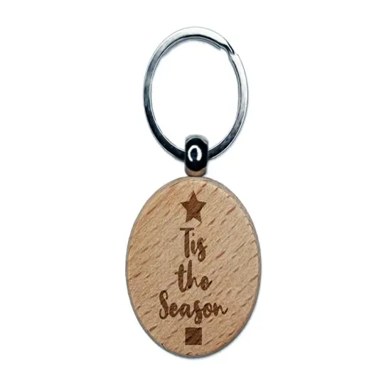 Tis the Season Christmas Tree Engraved Wood Round Keychain Tag Charm {1}