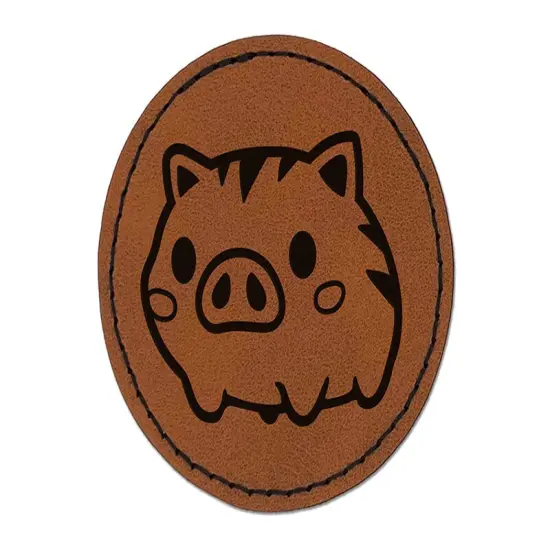 Fun Chibi Wild Boar Pig Swine Round Iron-On Engraved Faux Leather Patch Applique - 2.5" Brown {1}