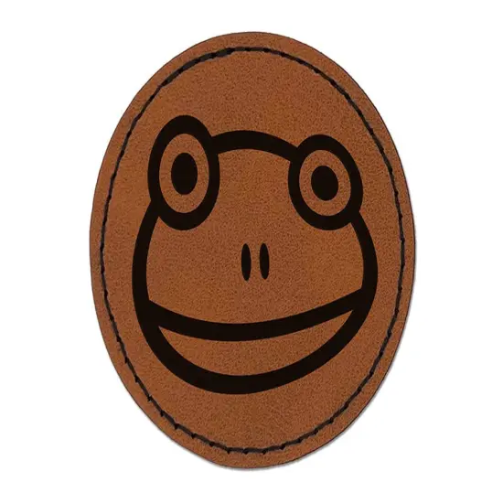 Cute Frog Face Round Iron-On Engraved Faux Leather Patch Applique - 2.5" Brown {1}