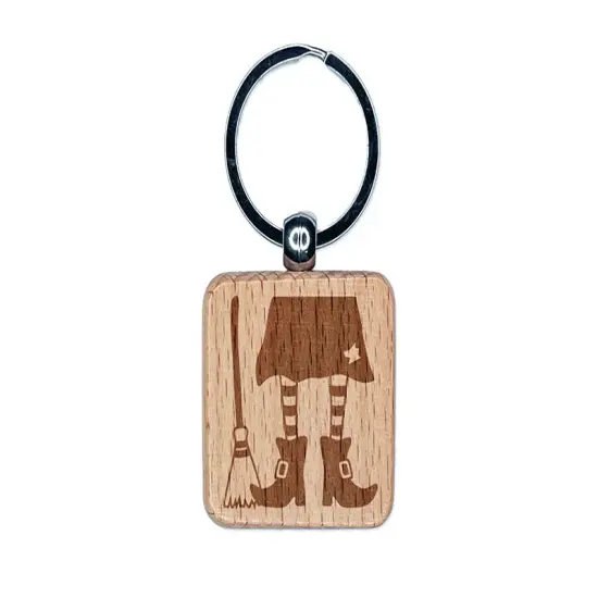Witch Feet With Broom Halloween Engraved Wood Square Keychain Tag Charm {1}