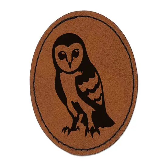 Inquisitive Barn Owl Round Iron-On Engraved Faux Leather Patch Applique - 2.5" Brown {1}