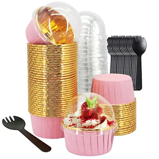 100 Sets Cupcake Liners And Wrapers With Lids ,5.5 Oz Large Foil Muffin Tins Or Liners,Disposable Baking Cups, Cupcake Wrappers Holders For Wedding Valentine-Pink in gold {1}