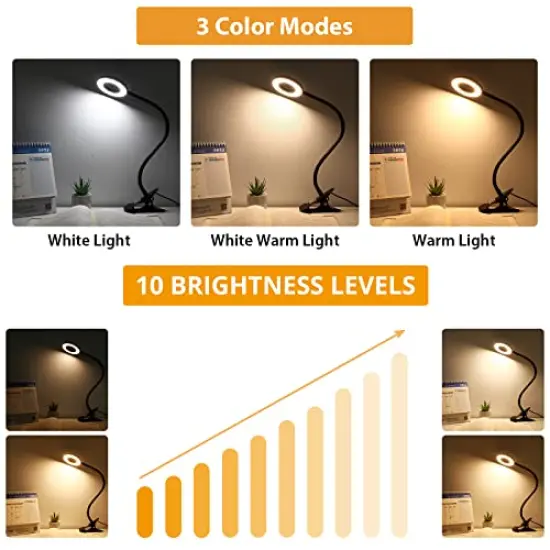 Desk Lamp Clip on Light, 48 LEDs USB Clip Ring Light with 3 Color Modes 10 Dimmable Brightness, Eye Protection Desk Light, 360° Flexible Gooseneck for Desk Headboard Reading {5}
