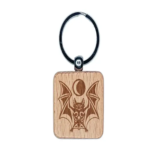 Runic Tribal Vampire Bat with Moon Engraved Wood Square Keychain Tag Charm {1}