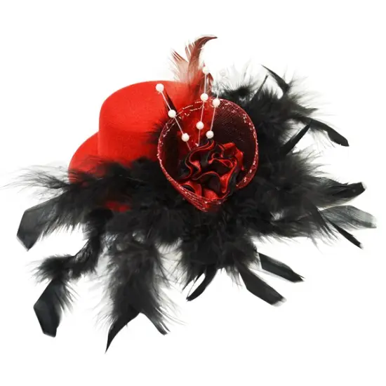 Ivette Red Mini Hat Fascinator with Black Feathers Hair Accessory {1}