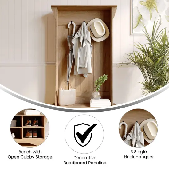 Merrick Lane Whitman Hallway Tree with Bench Seating, 3 Single Coat Hooks and Lower Storage with Adjustable Shelves Weathered Natural {2}