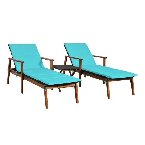 3 Pieces Portable Patio Cushioned Rattan Lounge Chair Set with Folding Table-Turquoise {1}