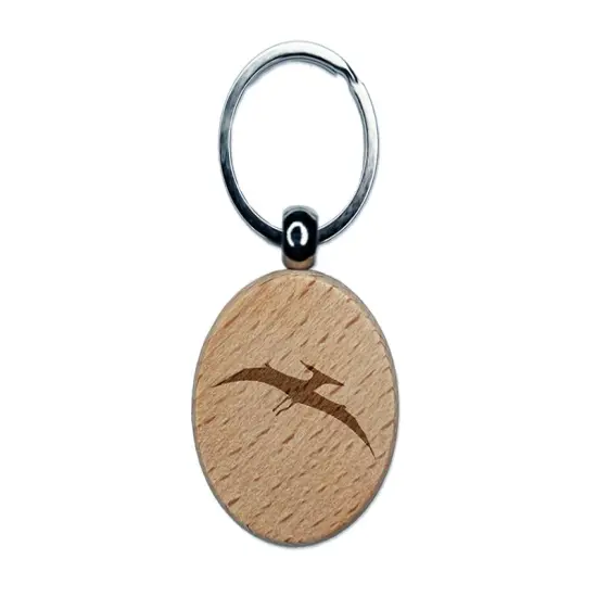 Pterodactyl Dinosaur Solid Engraved Wood Round Keychain Tag Charm {1}