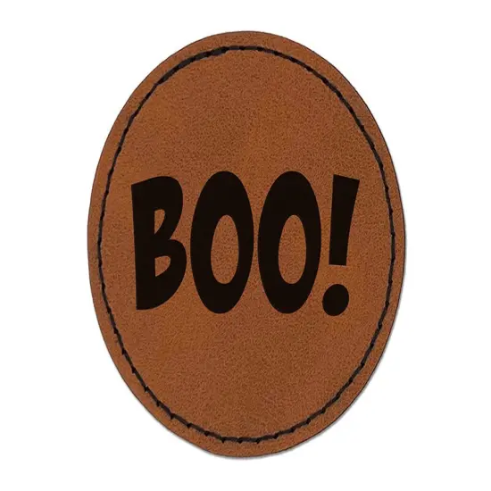 Boo Halloween Fun Text Round Iron-On Engraved Faux Leather Patch Applique - 2.5" Brown {1}