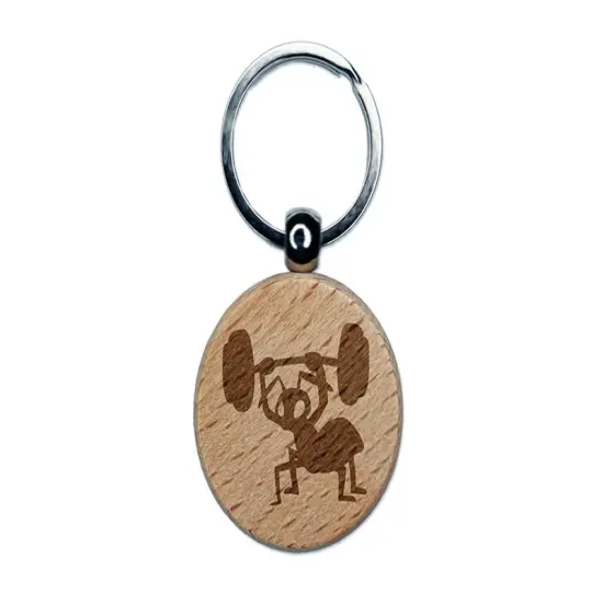 Strong Ant Lifting Barbell Engraved Wood Round Keychain Tag Charm {1}