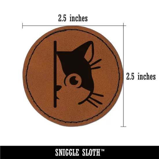 Curious Kitty Cat Hiding Peeking Around Corner Round Iron-On Engraved Faux Leather Patch Applique - 2.5" Brown {3}