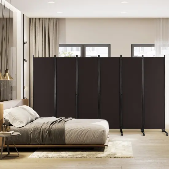 6 Panel 5.7 Feet Tall Rolling Room Divider on Wheels Brown {3}