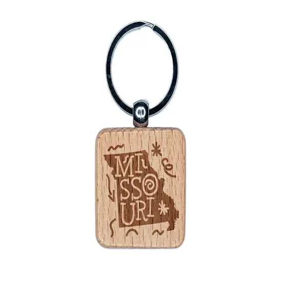 Missouri State with Text Swirls Engraved Wood Square Keychain Tag Charm {1}