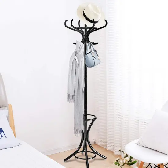 Wooden Freestanding Hat Coat Rack with Umbrella Stand Perfect for Any Room Black {6}