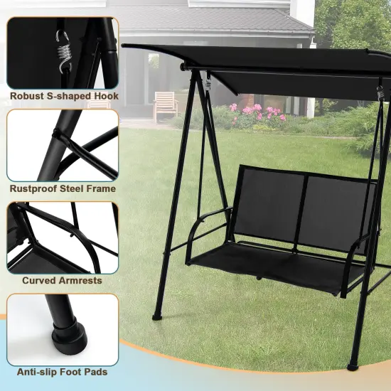 2-Seat Outdoor Canopy Swing with Comfortable Fabric Seat and Heavy-duty Metal Frame Black {5}