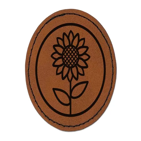 Sunflower in Circle Round Iron-On Engraved Faux Leather Patch Applique - 2.5" Brown {1}