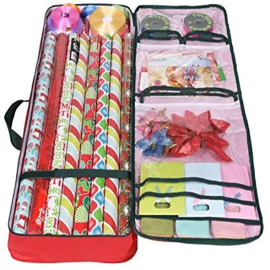 Christmas Wrapping Paper Storage Bag with Pockets | Gift Wrap Organizer Container | 37” x 14” x 4” | Underbed Durable Box Made of 600D Oxford Material (Red) {4}