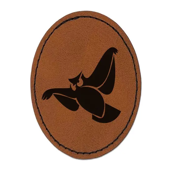 Owl Flying Bird Doodle Round Iron-On Engraved Faux Leather Patch Applique - 2.5" Brown {1}