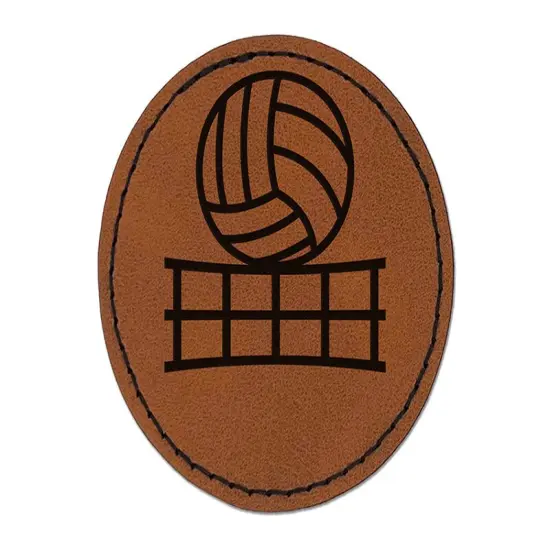 Volleyball and Net Round Iron-On Engraved Faux Leather Patch Applique - 2.5" Brown {1}