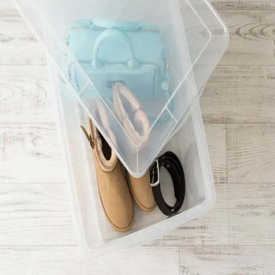 IRIS USA 68 Qt Clear Storage Box, BPA-Free Plastic Stackable Bin with Lid, Containers to Organize Closet Shelves, Clothes, Blankets, Towels, 6 Pack {5}