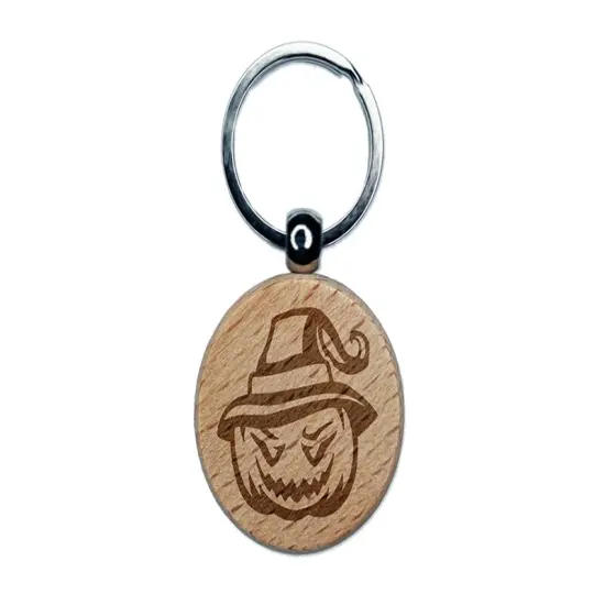 Jack-O'-Lantern Pumpkin Wearing Witch Hat Halloween Engraved Wood Round Keychain Tag Charm {1}