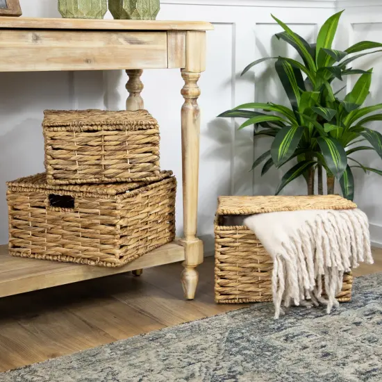 Northlight Set of 3 Camel Beige Woven Water Hyacinth Lidded Square Storage Baskets 15.5" {3}