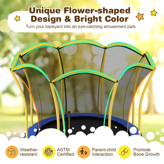 8 Feet Outdoor Unique Flower Shape Trampoline with Enclosure Net Yellow {5}