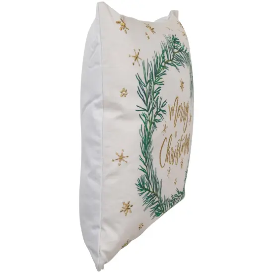 Northlight 18" Embroidered "Merry Christmas" Wreath Cotton Square Throw Pillow White {4}