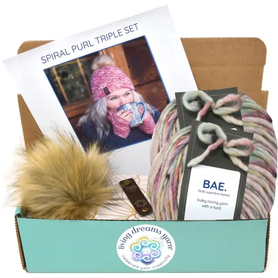 DIY Winter Accessories Triple Set Knit Kit. Includes Bulky Superfine Merino Wool Yarn, Printed Pattern, Pom-Pom, Rim Tag. Soft, Cozy, Great for Gifts Baby Carriage {1}